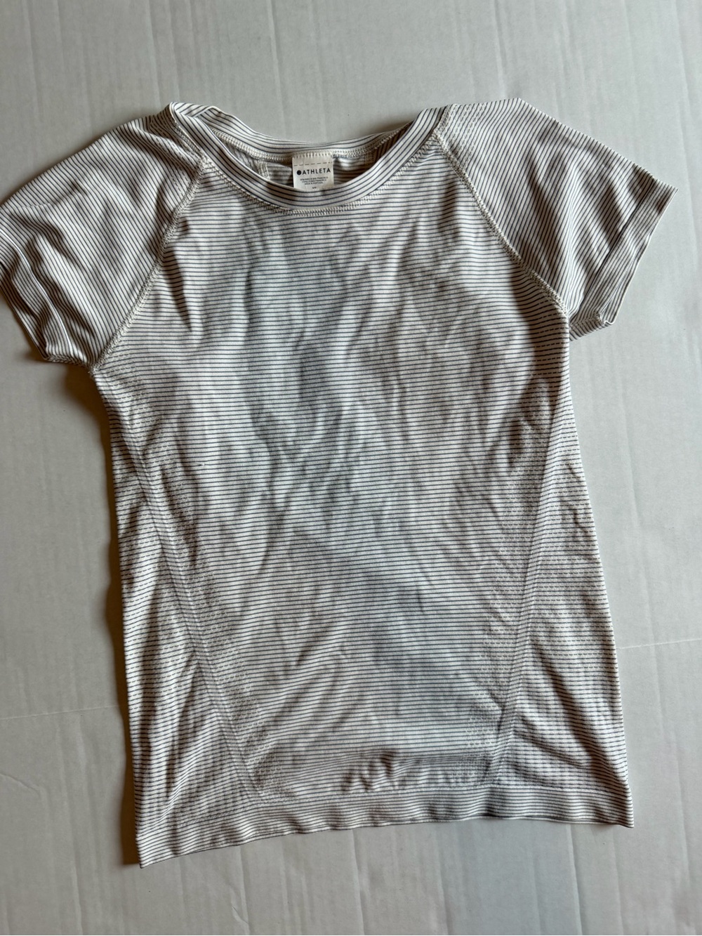 Athleta Short Sleeve Crewneck Tee in White and Light Gray Stripes